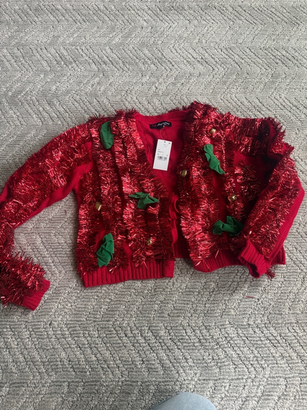 Festive Red Holiday Cardigan with Green Bow Accents